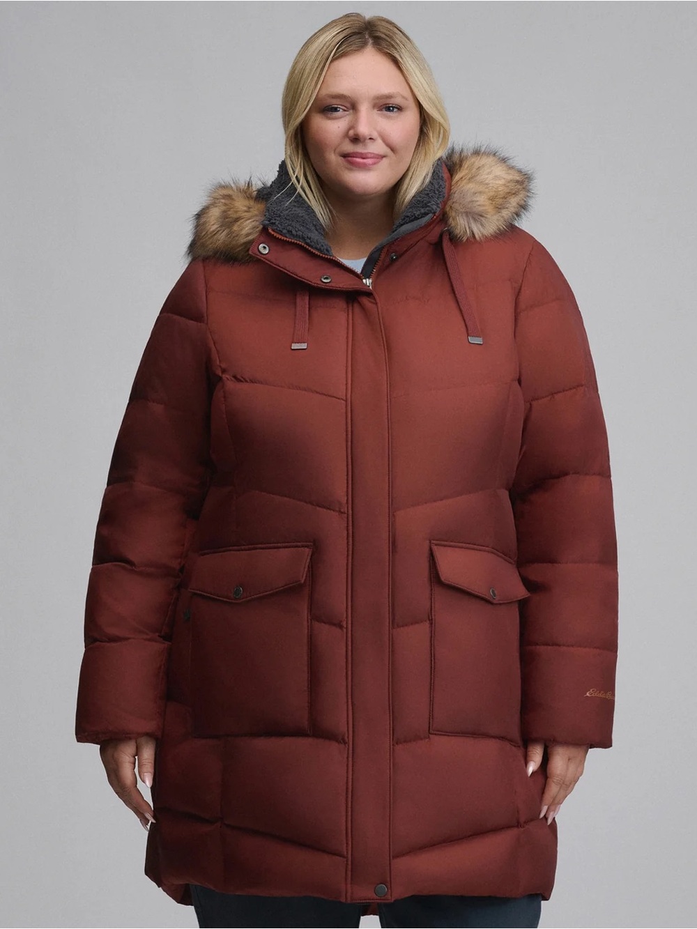 Eddie Bauer Lodge Cascadian Down Hooded Puffer Parka Sable Brown/Rust NWT
